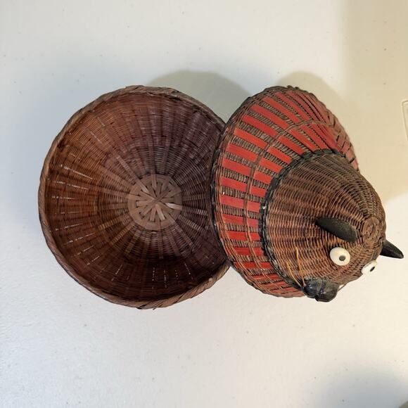 VTG Cat Shaped Woven Wicker Basket Straw Rattan Lidded Trinket Box Boho 6” X 6” - Picture 5 of 6